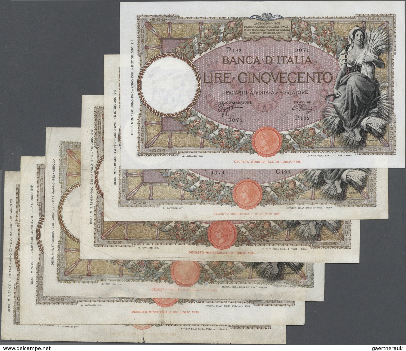 Italy / Italien: Set Of 6 Notes 500 Lire 1935/1940/1943 P. 51, 61, Five Of Them With Folds, Border T - Sonstige & Ohne Zuordnung