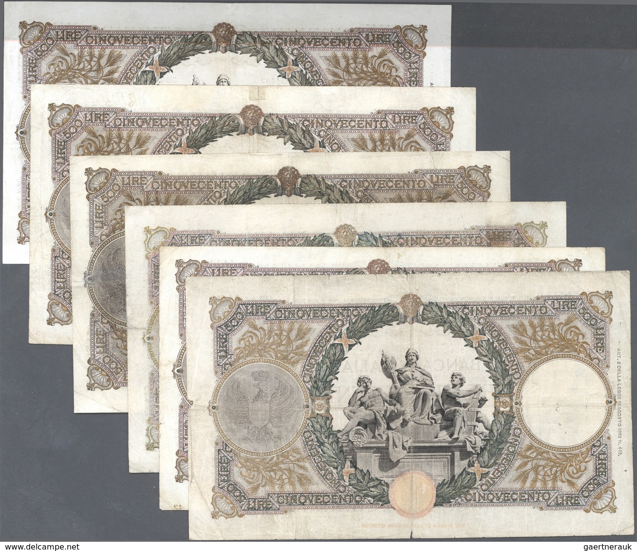 Italy / Italien: Set Of 6 Notes 500 Lire 1935/1940/1943 P. 51, 61, Five Of Them With Folds, Border T - Otros & Sin Clasificación