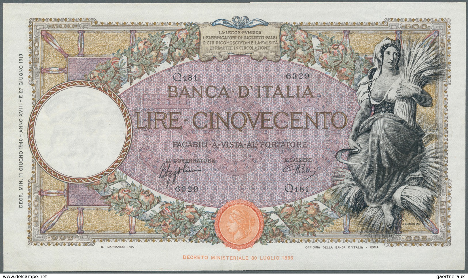 Italy / Italien: 500 Lire 1940 P. 51d, Only Light Folds In Paper, Probably Pressed But Still Very Cr - Otros & Sin Clasificación