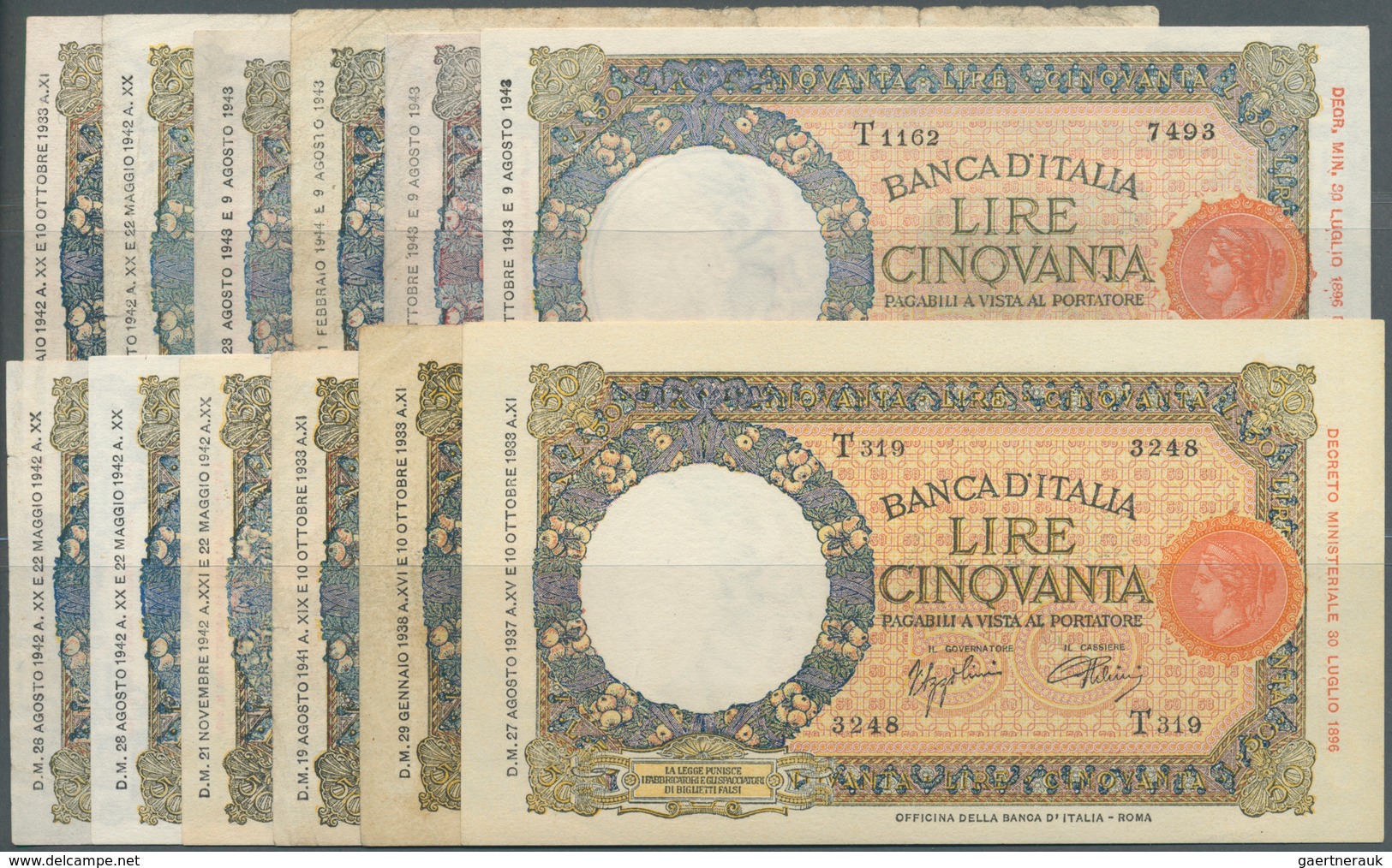 Italy / Italien: Set Of 12 Notes 50 Lire 1937/38/41/42/43/44 P. 54, 57 In Different Conditions From - Andere & Zonder Classificatie