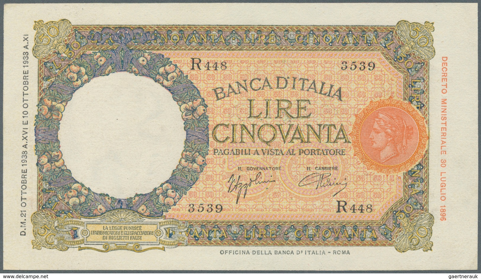 Italy / Italien: 50 Lire 1938 P. 54b, Crisp Original Paper, Not Washed Or Pressed, Original Colors, - Sonstige & Ohne Zuordnung