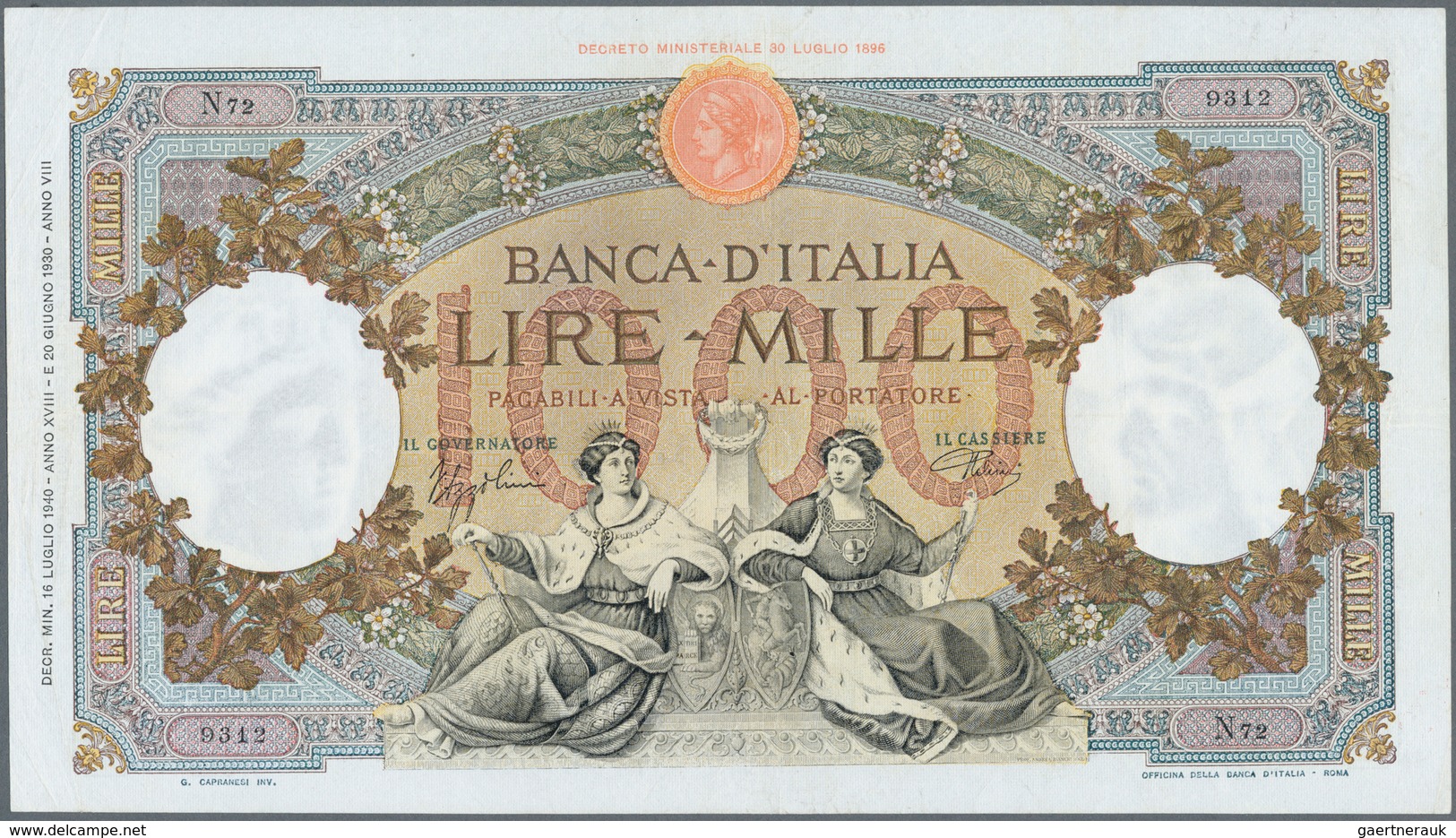 Italy / Italien: 1000 Lire 1940 P. 56c, Used With Folds But Pressed, No Holes, Still Strongness In P - Andere & Zonder Classificatie