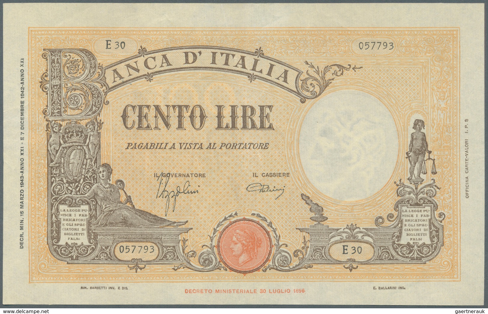 Italy / Italien: 100 Lire 1943 P. 59, Light Center Fold, Pressed But Still Very Strong Paper With Cr - Autres & Non Classés