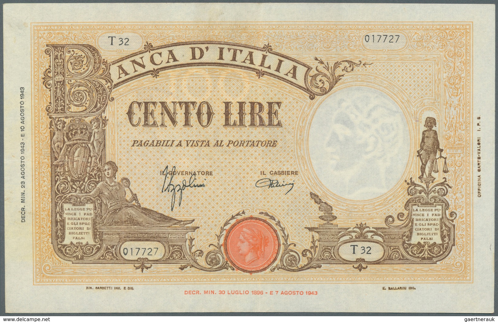 Italy / Italien: Set Of 5 Notes 100 Lire 1943/44 P. 67, All In Similar Condition, Light Folds In Pap - Otros & Sin Clasificación