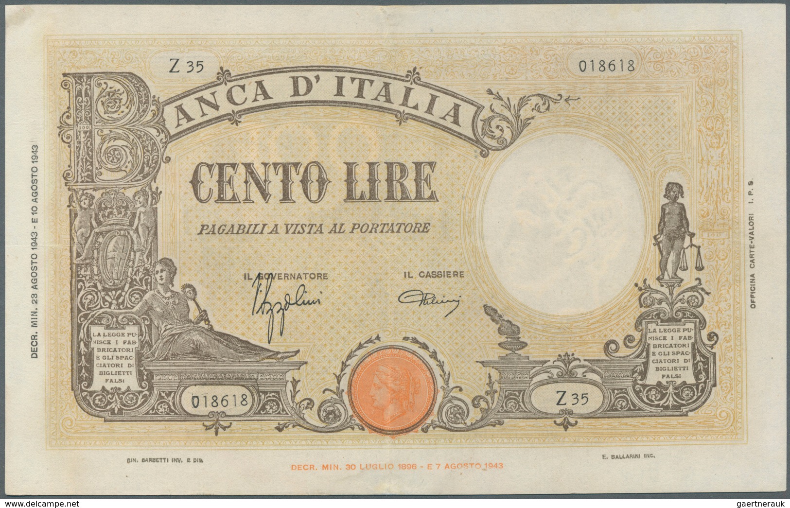 Italy / Italien: Set Of 5 Notes 100 Lire 1943/44 P. 67, All In Similar Condition, Light Folds In Pap - Andere & Zonder Classificatie