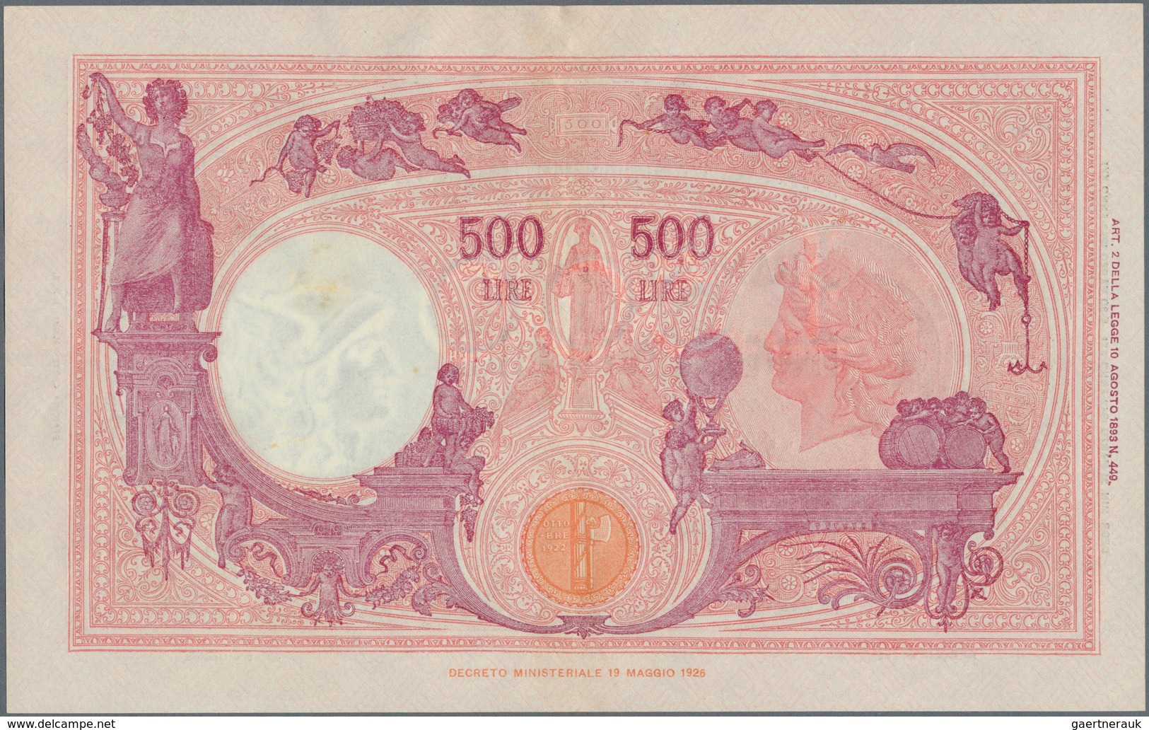 Italy / Italien: 500 Lire 1943 P. 69, One Light Center Fold, No Holes Or Tears, Not Washed Or Presse - Andere & Zonder Classificatie