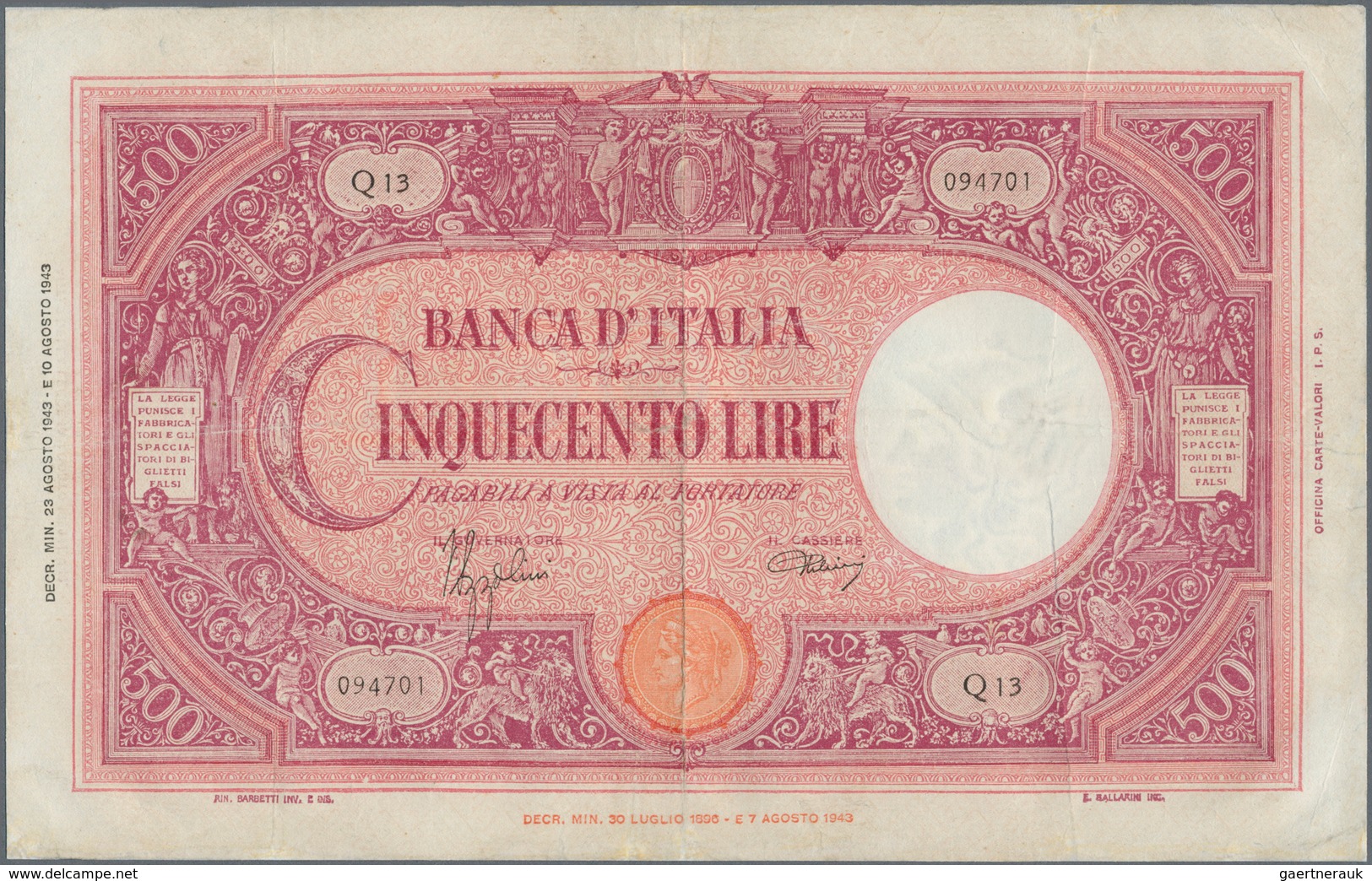 Italy / Italien: Set 4 Notes 500 Lire 1943/44/46 P. 70, All In Similar Condition With Folds In Paper - Andere & Zonder Classificatie