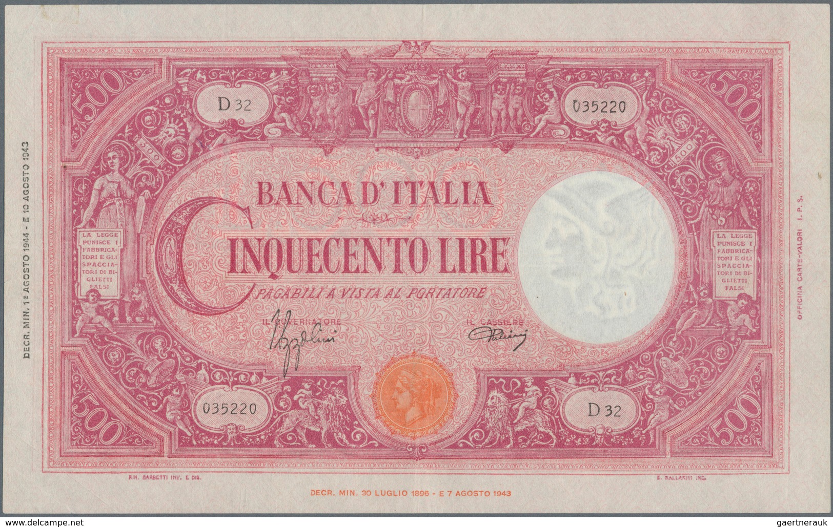 Italy / Italien: Set 4 Notes 500 Lire 1943/44/46 P. 70, All In Similar Condition With Folds In Paper - Andere & Zonder Classificatie