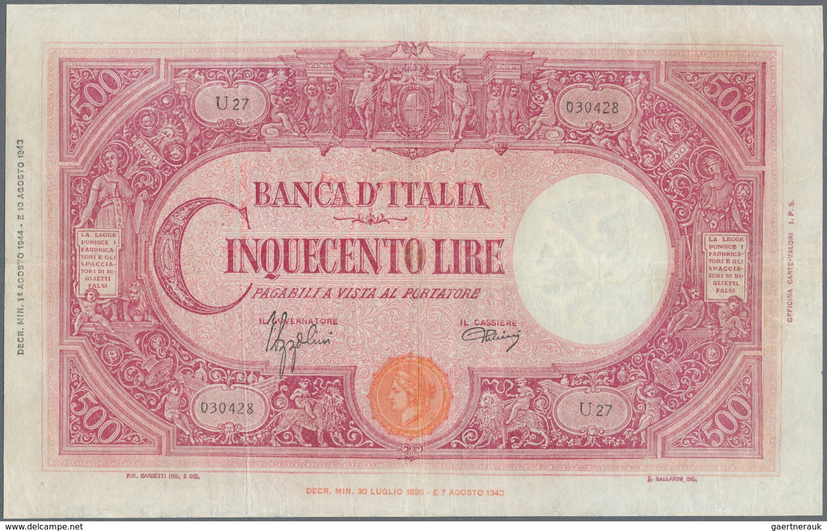 Italy / Italien: Set 4 Notes 500 Lire 1943/44/46 P. 70, All In Similar Condition With Folds In Paper - Andere & Zonder Classificatie