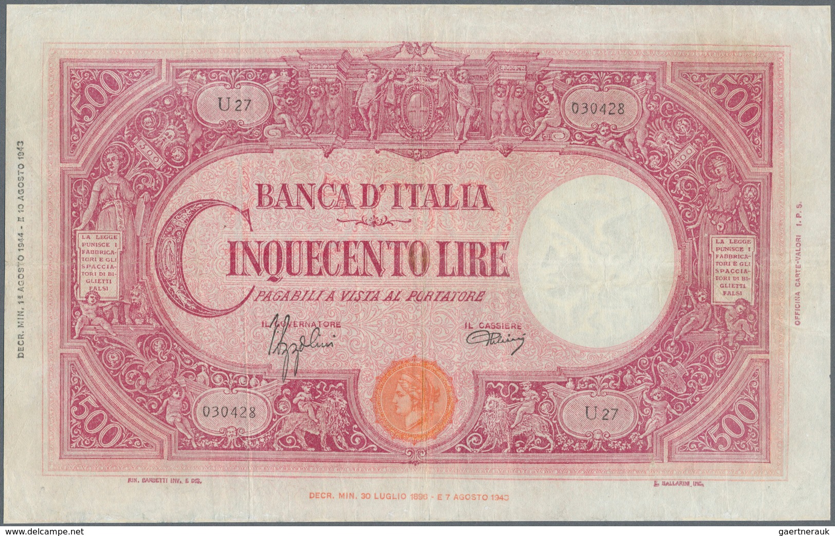 Italy / Italien: Set 4 Notes 500 Lire 1943/44/46 P. 70, All In Similar Condition With Folds In Paper - Autres & Non Classés