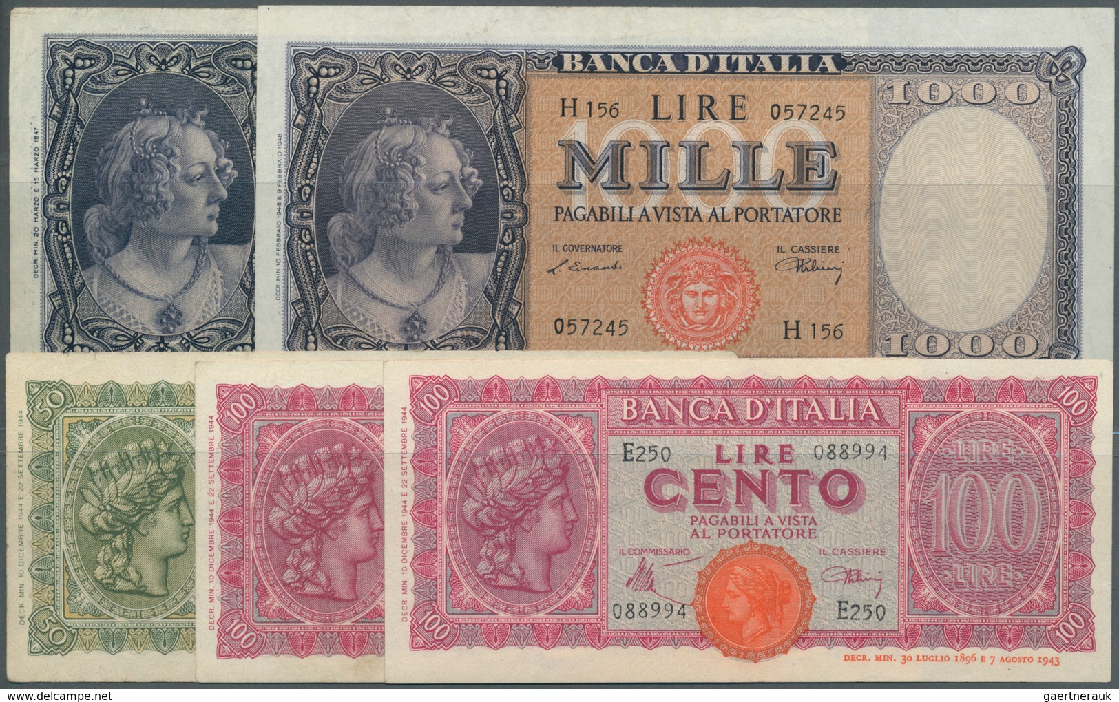 Italy / Italien: Set Of 5 Notes Containing 50, 100 & 1000 Lire 1944/47/1947-63 P. 74, 75, 80, 82, Al - Otros & Sin Clasificación