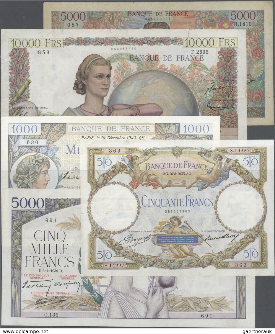 France / Frankreich: Set Of 5 Notes Containing 50 Francs 1933 P. 80 (pressed F), 1000 Francs 1940 P. - Otros & Sin Clasificación