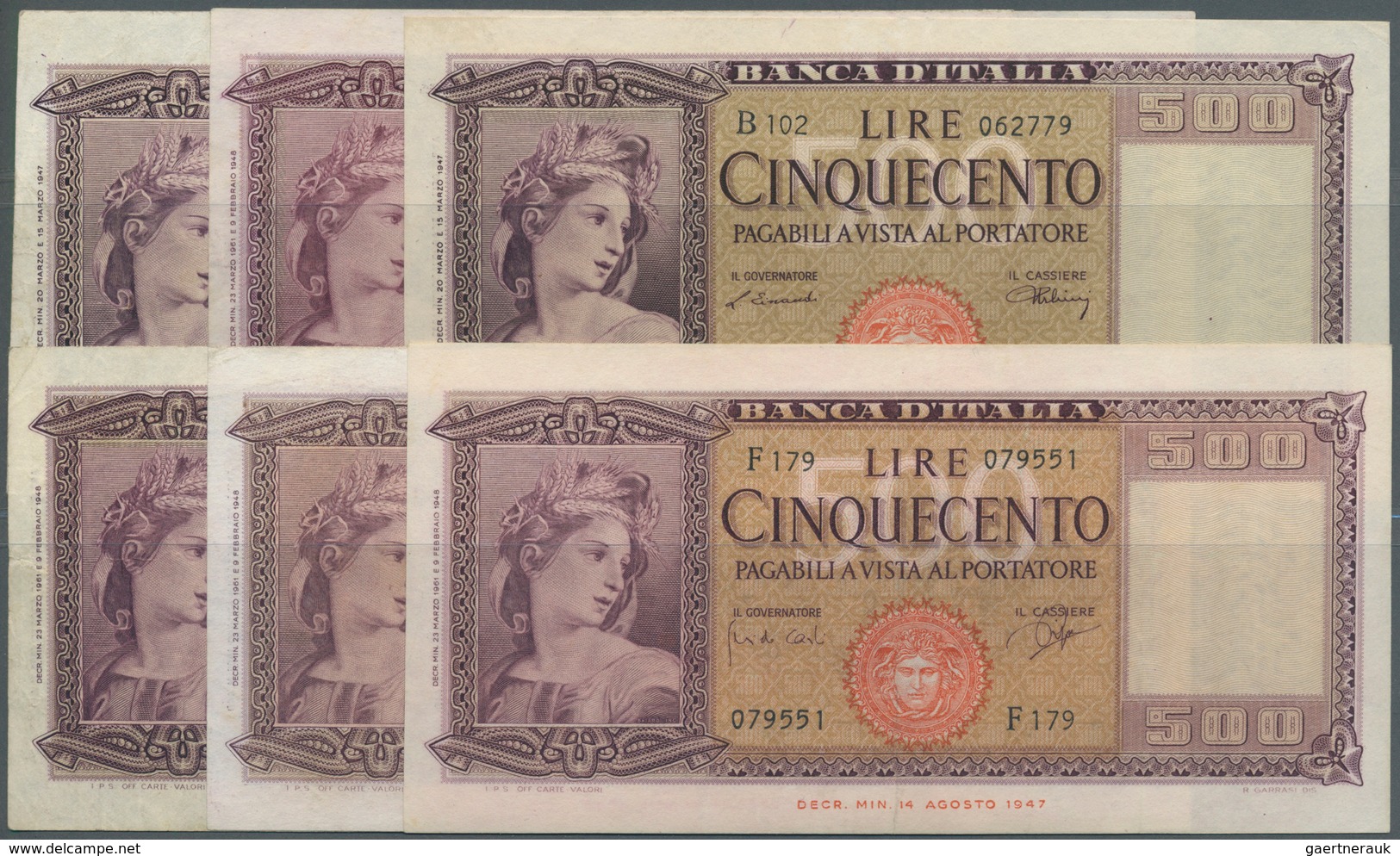 Italy / Italien: Set Of 6 Notes 500 Lire 1947, 1961 P. 80a, B, All Notes In Similar Condition, All P - Andere & Zonder Classificatie