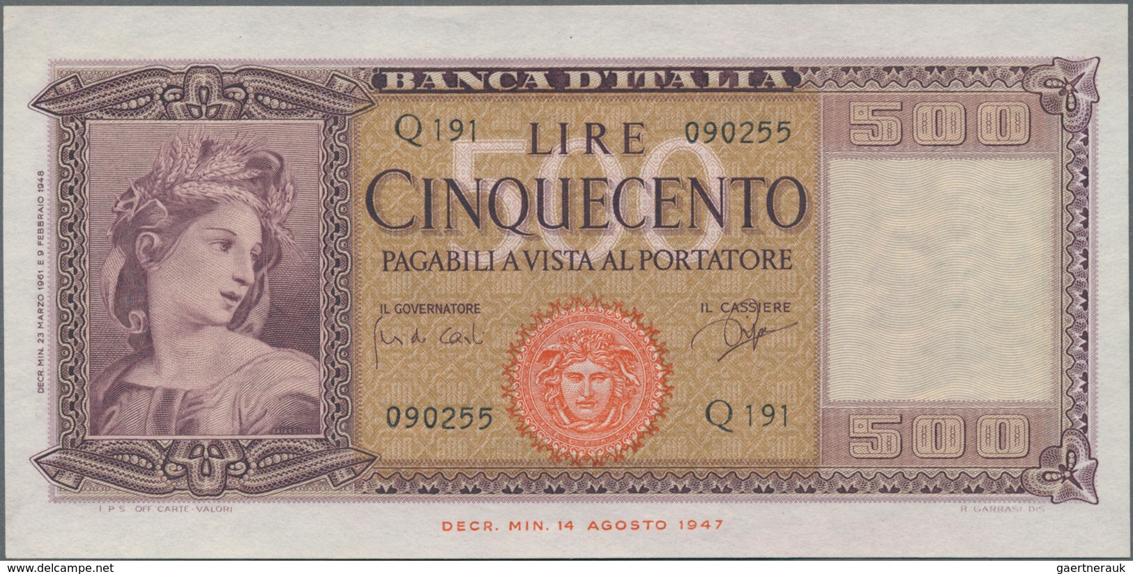 Italy / Italien: 500 Lire 1961 P. 80b, Crisp Original Paper, Not Washed Or Pressed, Nice Embossing O - Andere & Zonder Classificatie