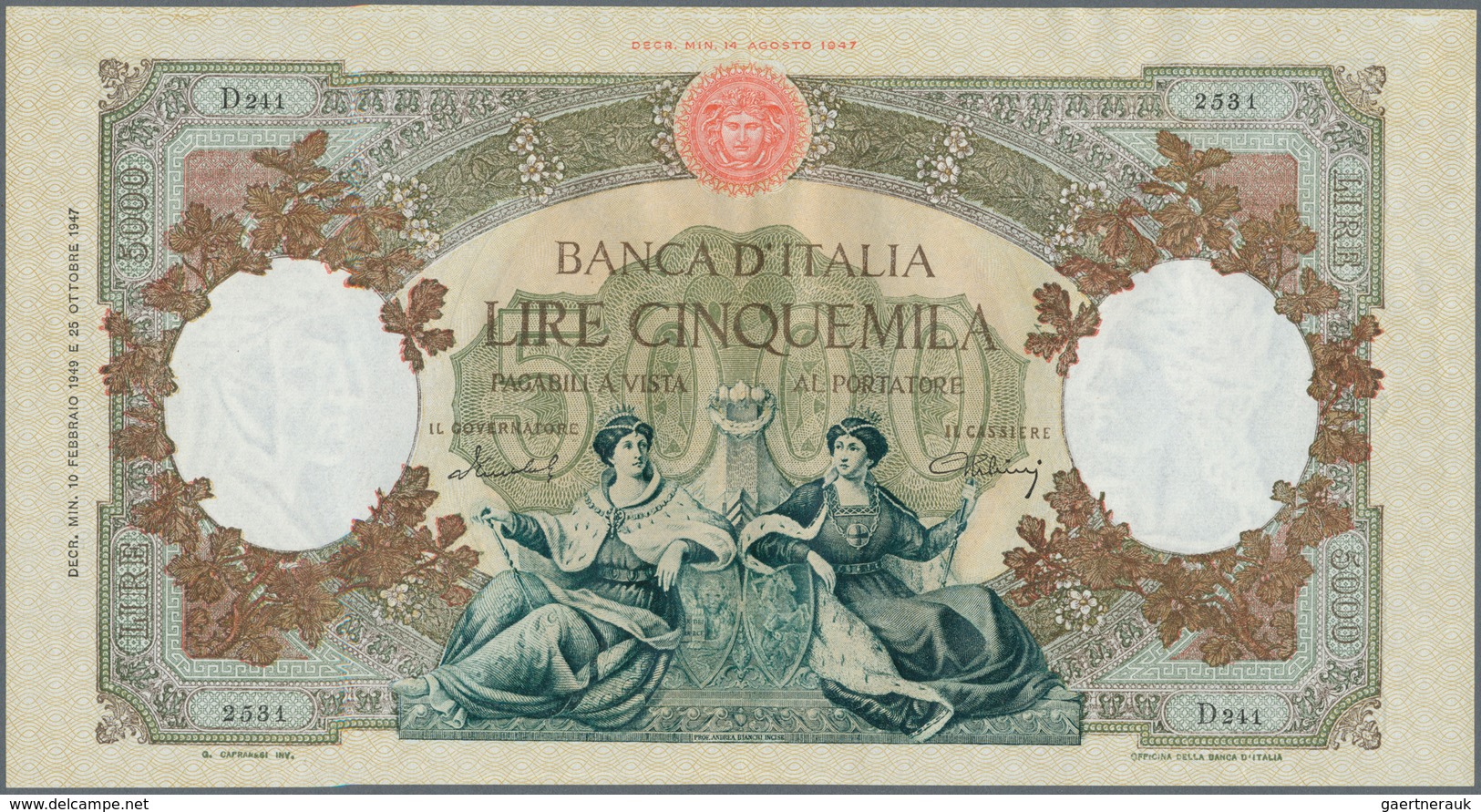 Italy / Italien: 5000 Lire 1949 P. 85b, Very Nice Condition Note With Crisp Paper, Bright Original C - Andere & Zonder Classificatie