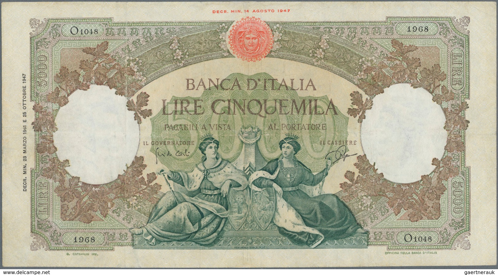 Italy / Italien: Set Of 2 Notes 5000 Lire 1961 P. 85d, Both Used With Folds And Pressed But Still Wi - Sonstige & Ohne Zuordnung