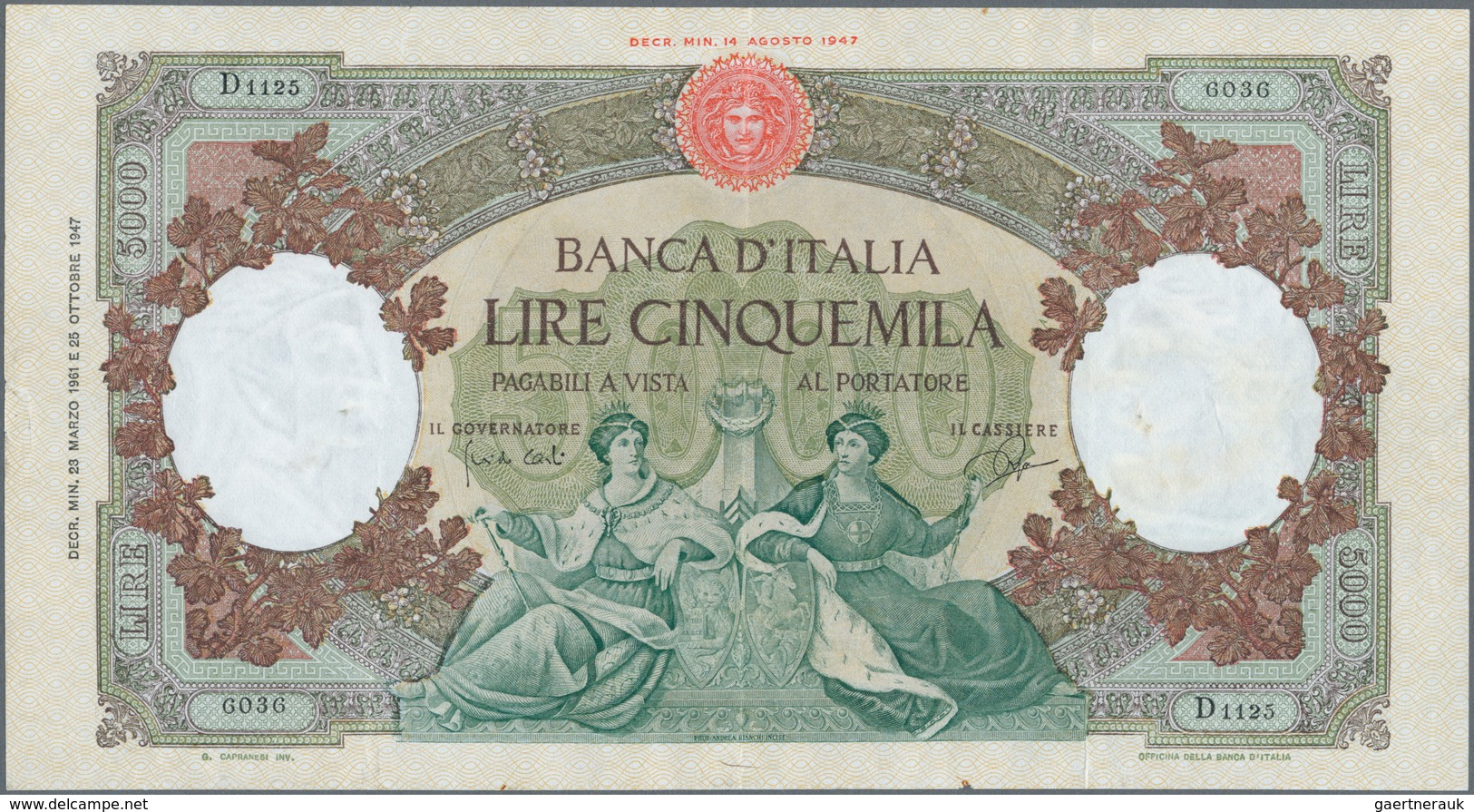 Italy / Italien: Set Of 2 Notes 5000 Lire 1961 P. 85d, Both Used With Folds And Pressed But Still Wi - Sonstige & Ohne Zuordnung