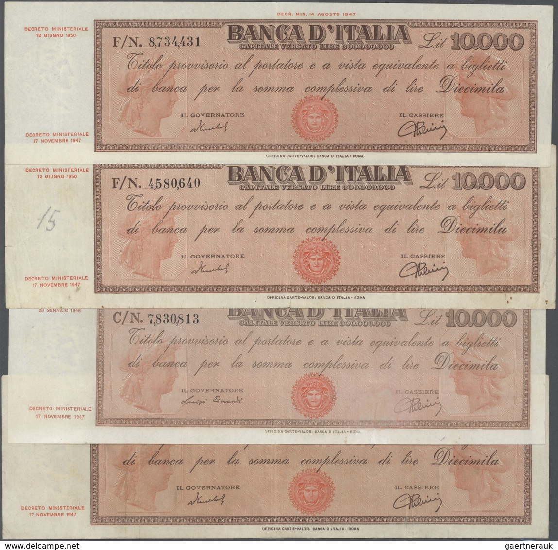 Italy / Italien: Set Of 4 Notes 10.000 Lire ND(1947-50) P. 87, All Notes In Similar Condition, Light - Sonstige & Ohne Zuordnung