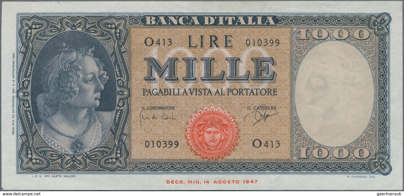 Italy / Italien: 1000 Lire 1961 P. 83, Crisp Original Paper, Not Washed Or Pressed, No Holes Or Tear - Andere & Zonder Classificatie