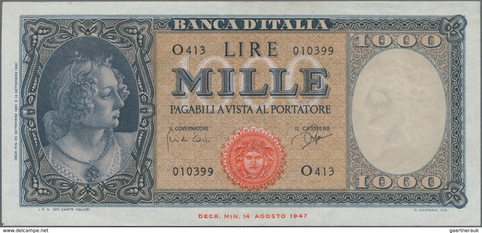 Italy / Italien: 1000 Lire 1961 P. 83, Crisp Original Paper, Not Washed Or Pressed, No Holes Or Tear - Sonstige & Ohne Zuordnung