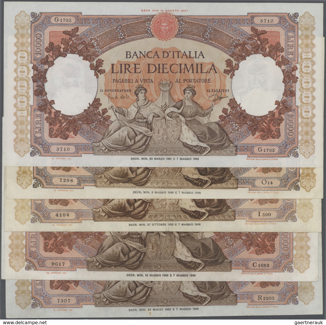 Italy / Italien: Set Of 5 Pcs 10.000 Lire 1948/53/60/61/62 P. 89a,b,c,d, Large Size Note With Beauti - Altri & Non Classificati