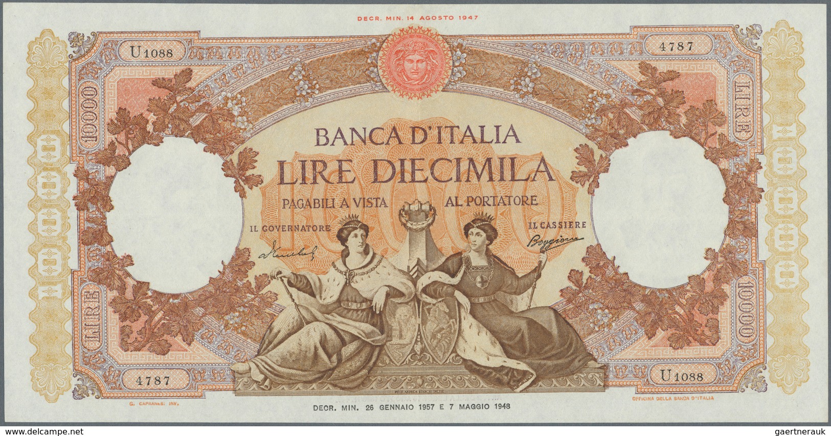 Italy / Italien: 10.000 Lire 1957 P. 89c, Large Size Note With Beautiful Design, Pressed But Still S - Andere & Zonder Classificatie