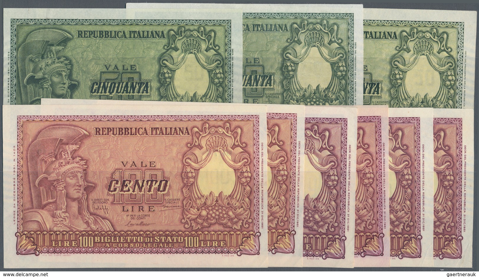 Italy / Italien: Set Of 10 Pcs Containing 3x 50 Lire 1951 P. 91 (pressed VF & XF) And 7x 100 Lire 19 - Andere & Zonder Classificatie