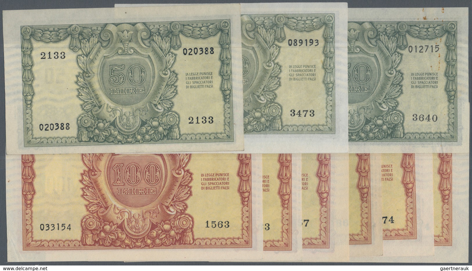 Italy / Italien: Set Of 10 Pcs Containing 3x 50 Lire 1951 P. 91 (pressed VF & XF) And 7x 100 Lire 19 - Autres & Non Classés