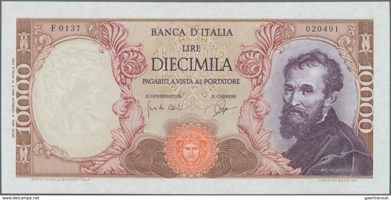 Italy / Italien: 10.000 Lire 1964 P. 96, Crisp Original, Not Washed Or Pressed, No Holes Or Tears, O - Andere & Zonder Classificatie