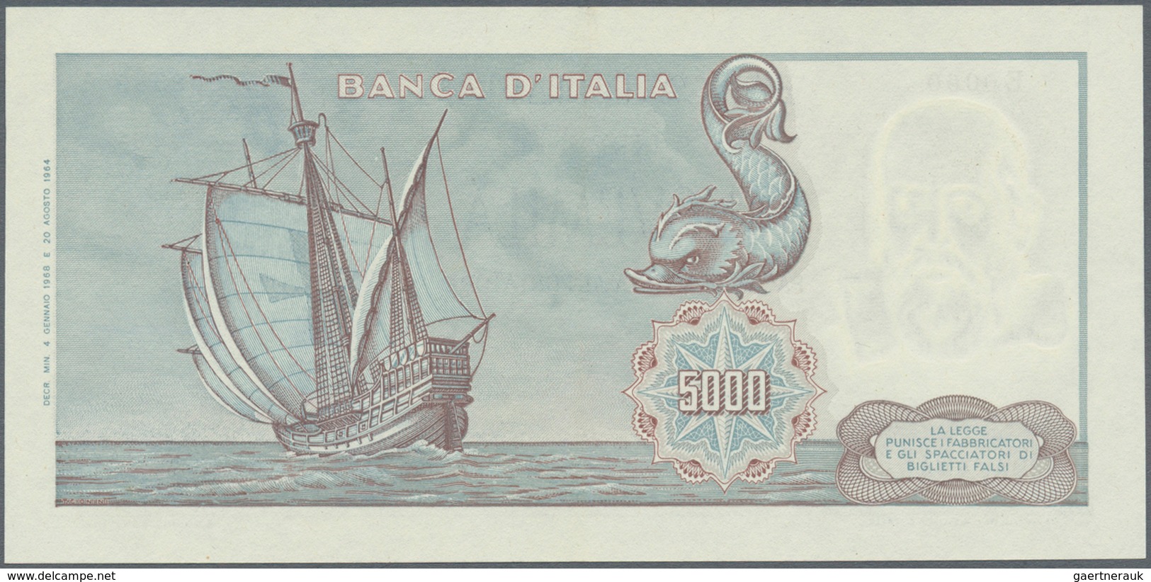 Italy / Italien: 5000 Lire 1968 P. 98b With Light And Hard To See Center Bend, No Folds, No Holes Or - Andere & Zonder Classificatie