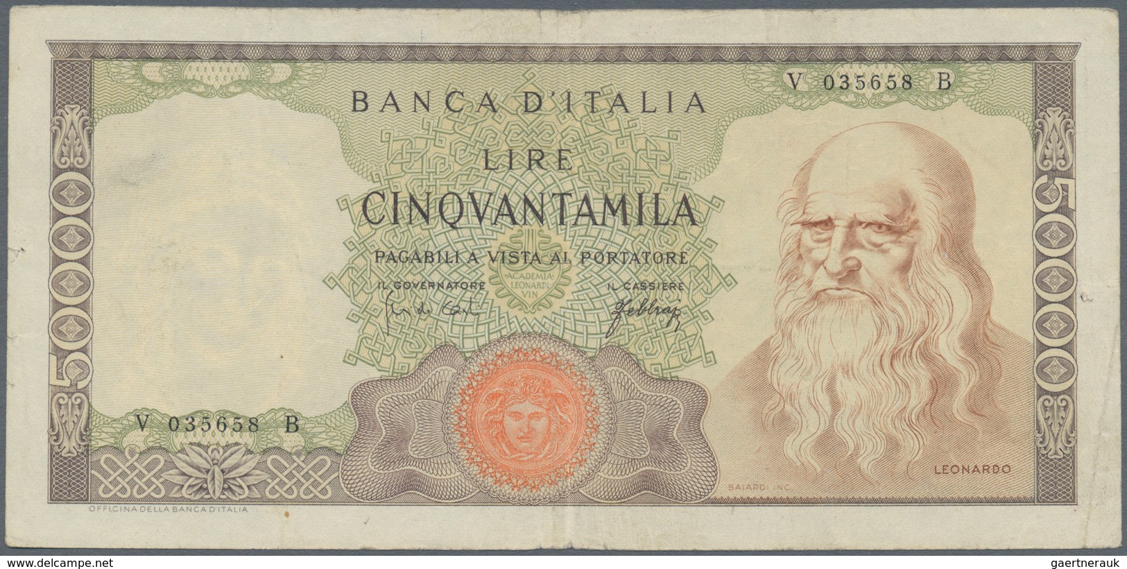 Italy / Italien: 50.000 Lire 1967 P. 99a Leonardo Da Vinci, S/N #V035658B, Used With Folds And Creas - Sonstige & Ohne Zuordnung