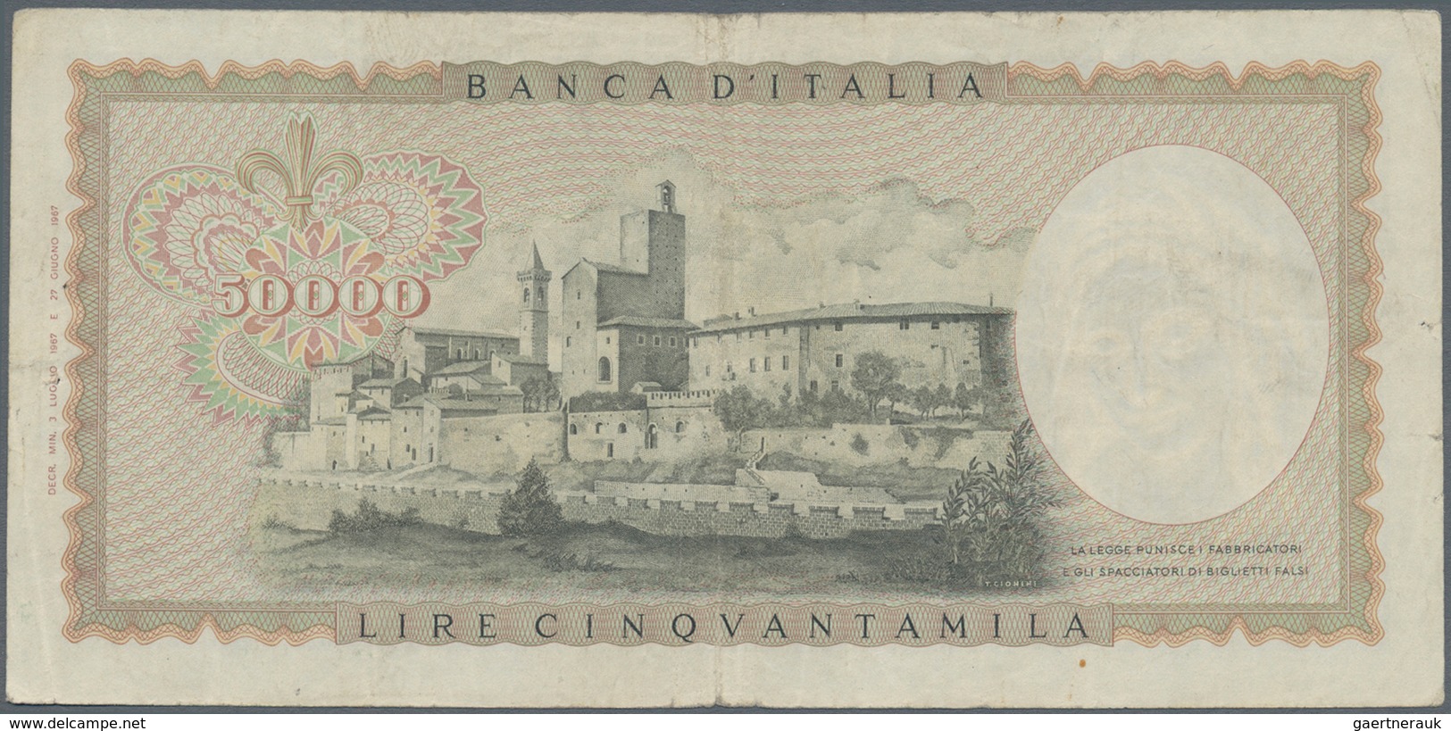 Italy / Italien: 50.000 Lire 1967 P. 99a Leonardo Da Vinci, S/N #V035658B, Used With Folds And Creas - Andere & Zonder Classificatie