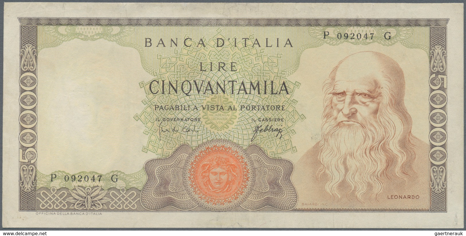 Italy / Italien: 50.000 Lire 1967 P. 99a Leonardo Da Vinci, S/N #P092047G, Used With Light Folds In - Sonstige & Ohne Zuordnung