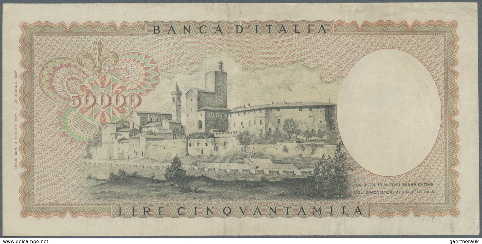 Italy / Italien: 50.000 Lire 1967 P. 99a Leonardo Da Vinci, S/N #P092047G, Used With Light Folds In - Andere & Zonder Classificatie
