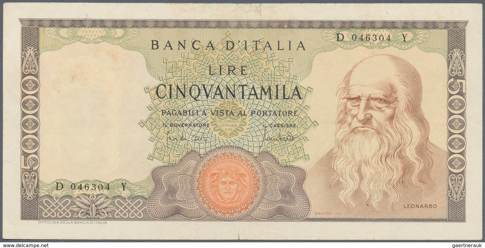 Italy / Italien: 50.000 Lire 1970 P. 99b Leonardo Da Vinci, S/N #D046304Y, Used With Some Light Vert - Autres & Non Classés