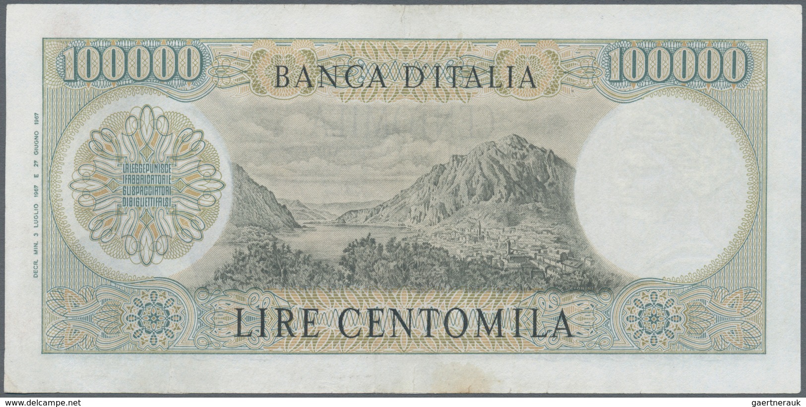 Italy / Italien: 100.000 Lire 1967 P. 100a Manzoni, S/N B003488C, Washed And Pressed, Minor Border T - Andere & Zonder Classificatie