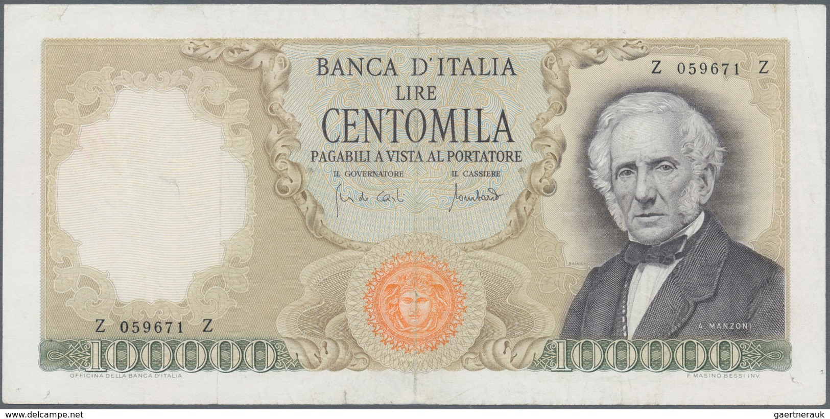 Italy / Italien: 100.000 Lire 1970 P. 100b Manzoni, S/N Z059671Z, Several Folds In Paper, Pressed, R - Andere & Zonder Classificatie
