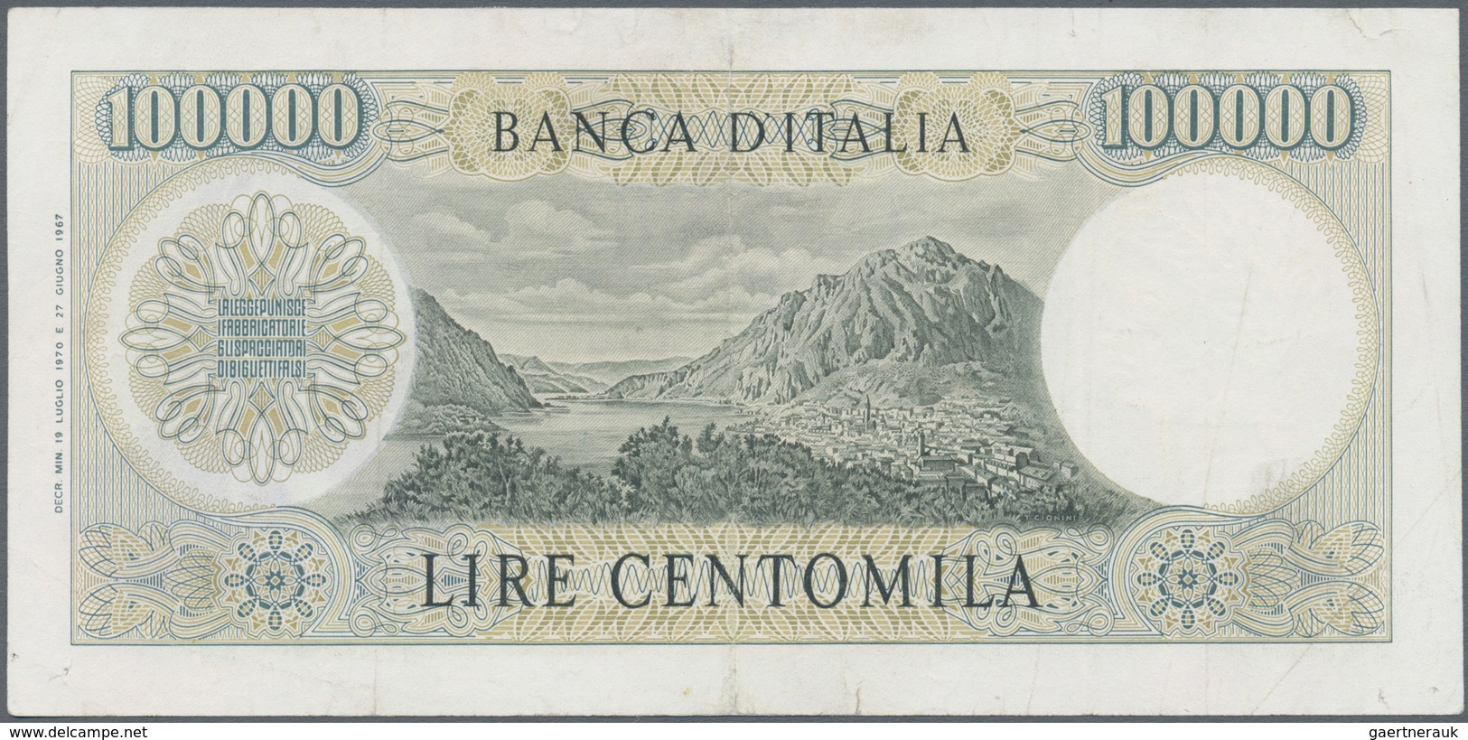 Italy / Italien: 100.000 Lire 1970 P. 100b Manzoni, S/N Z059671Z, Several Folds In Paper, Pressed, R - Andere & Zonder Classificatie