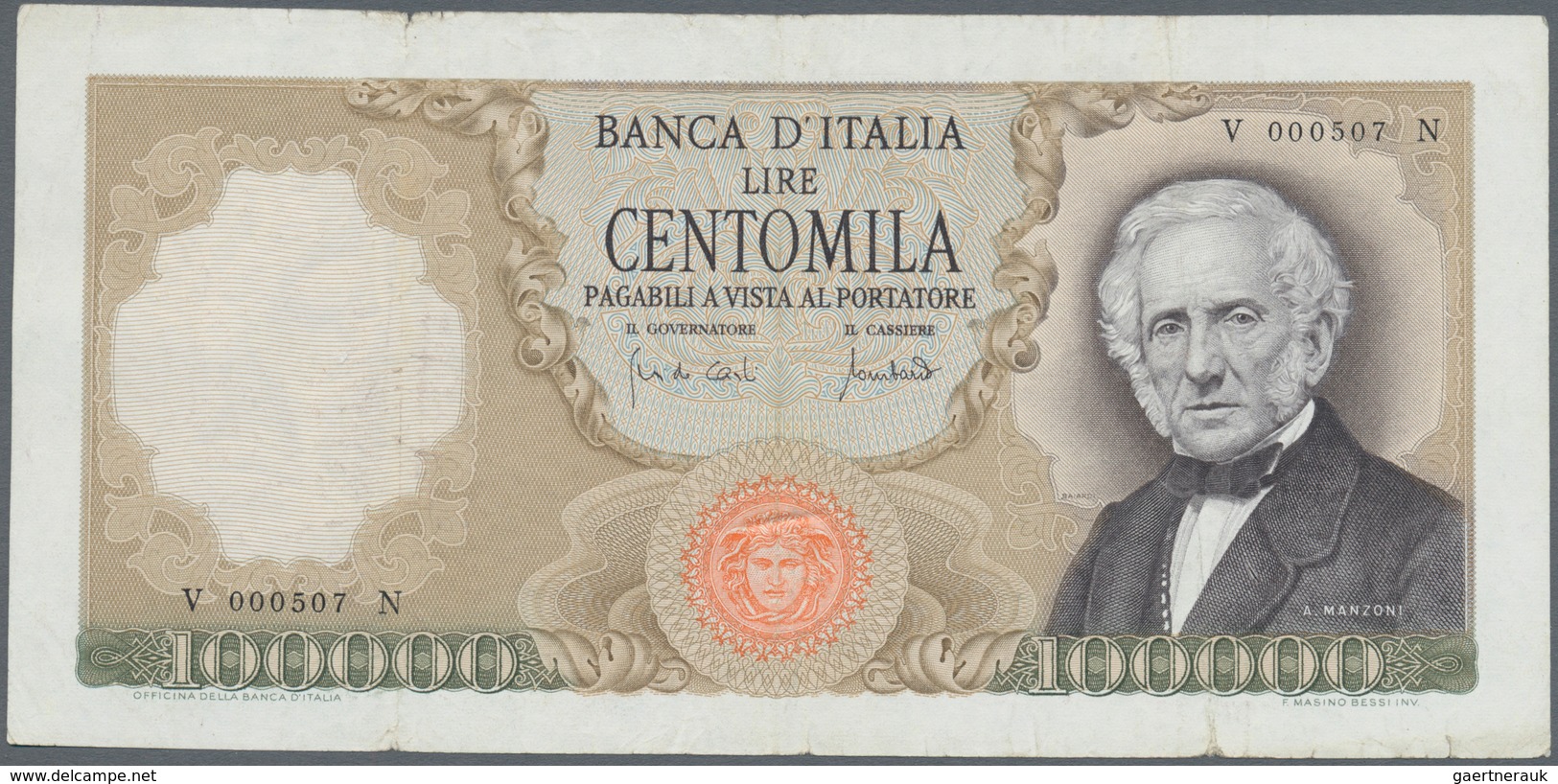 Italy / Italien: 100.000 Lire 1970 P. 100b Manzoni, S/N V000507N, A Bit Stronger Vertical Folds In P - Andere & Zonder Classificatie
