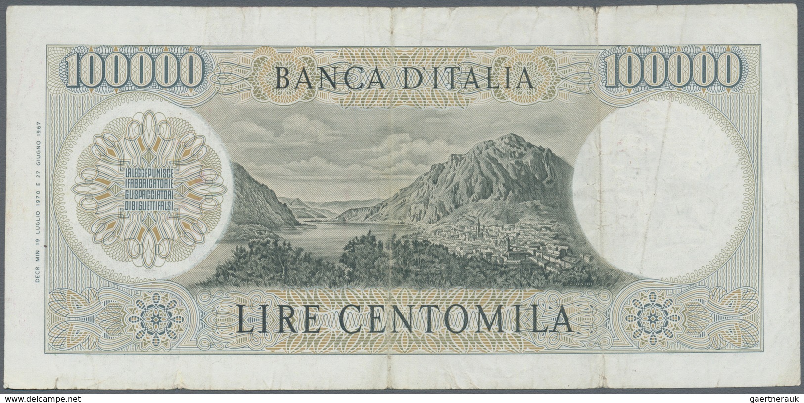 Italy / Italien: 100.000 Lire 1970 P. 100b Manzoni, S/N V000507N, A Bit Stronger Vertical Folds In P - Sonstige & Ohne Zuordnung