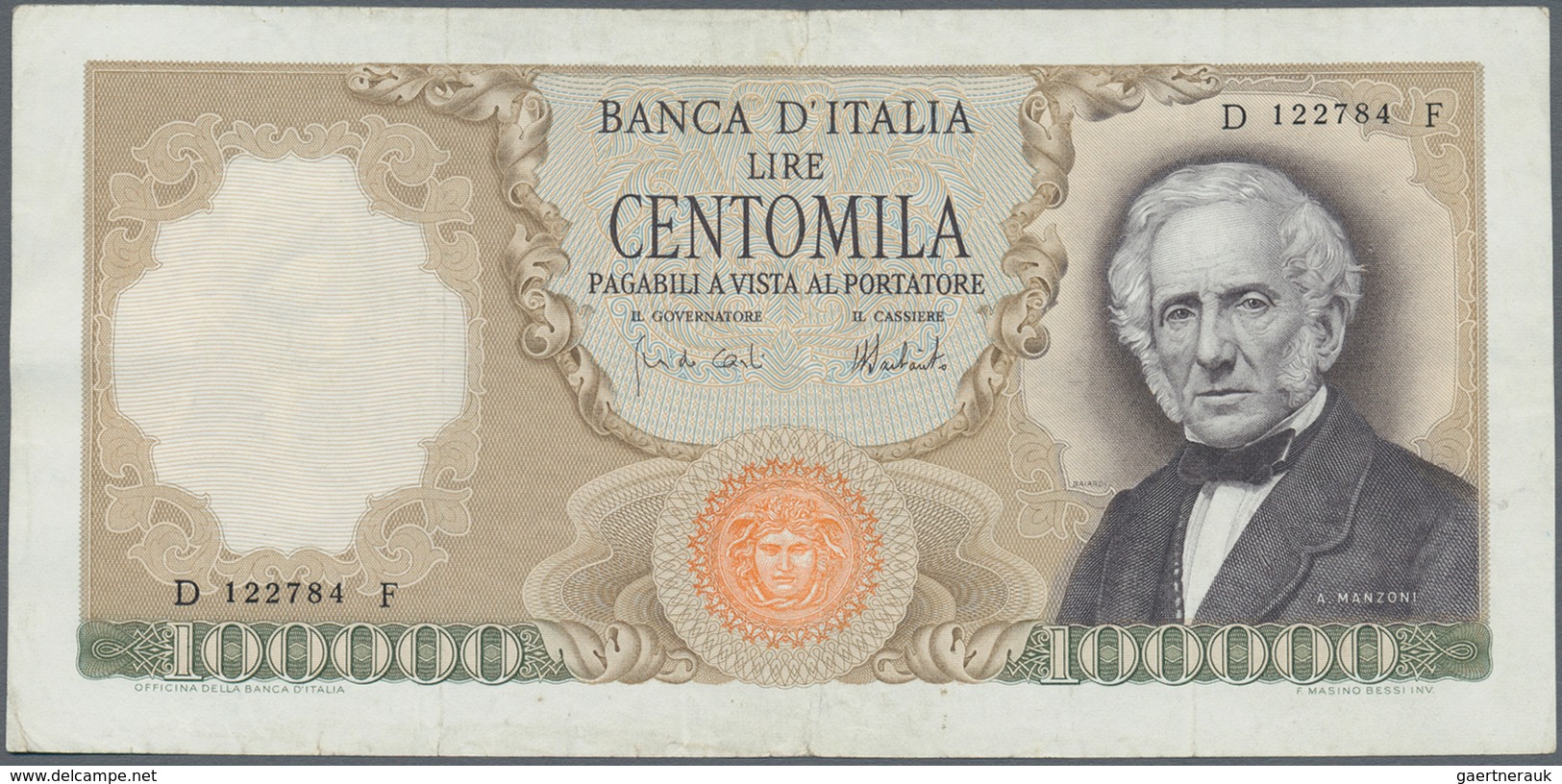 Italy / Italien: 100.000 Lire 1974 P. 100c Manzoni, S/N D122784F, Several Folds In Paper, Pressed, M - Sonstige & Ohne Zuordnung