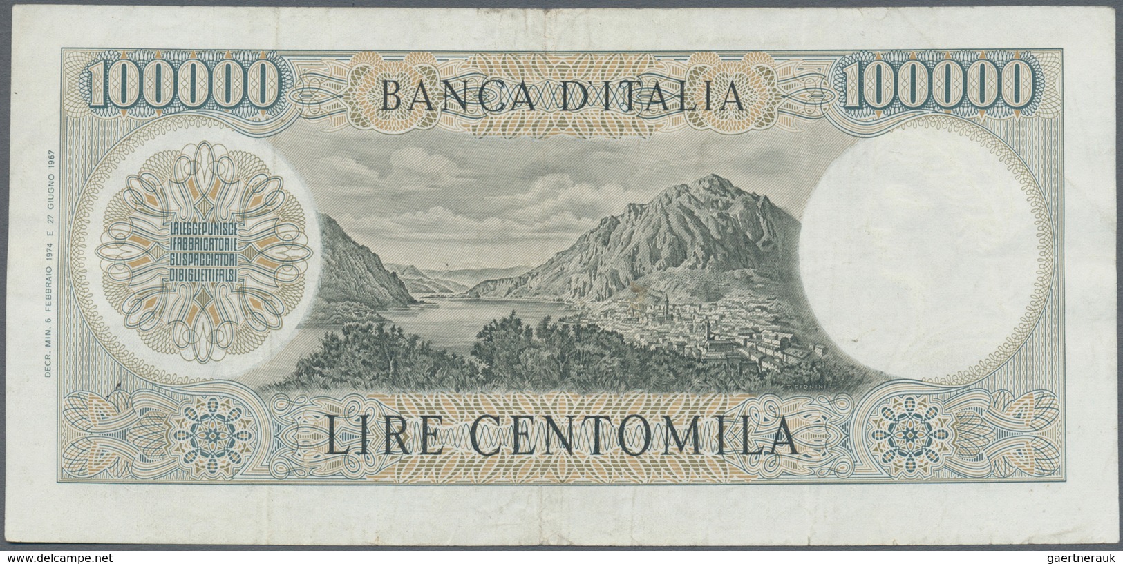 Italy / Italien: 100.000 Lire 1974 P. 100c Manzoni, S/N D122784F, Several Folds In Paper, Pressed, M - Andere & Zonder Classificatie