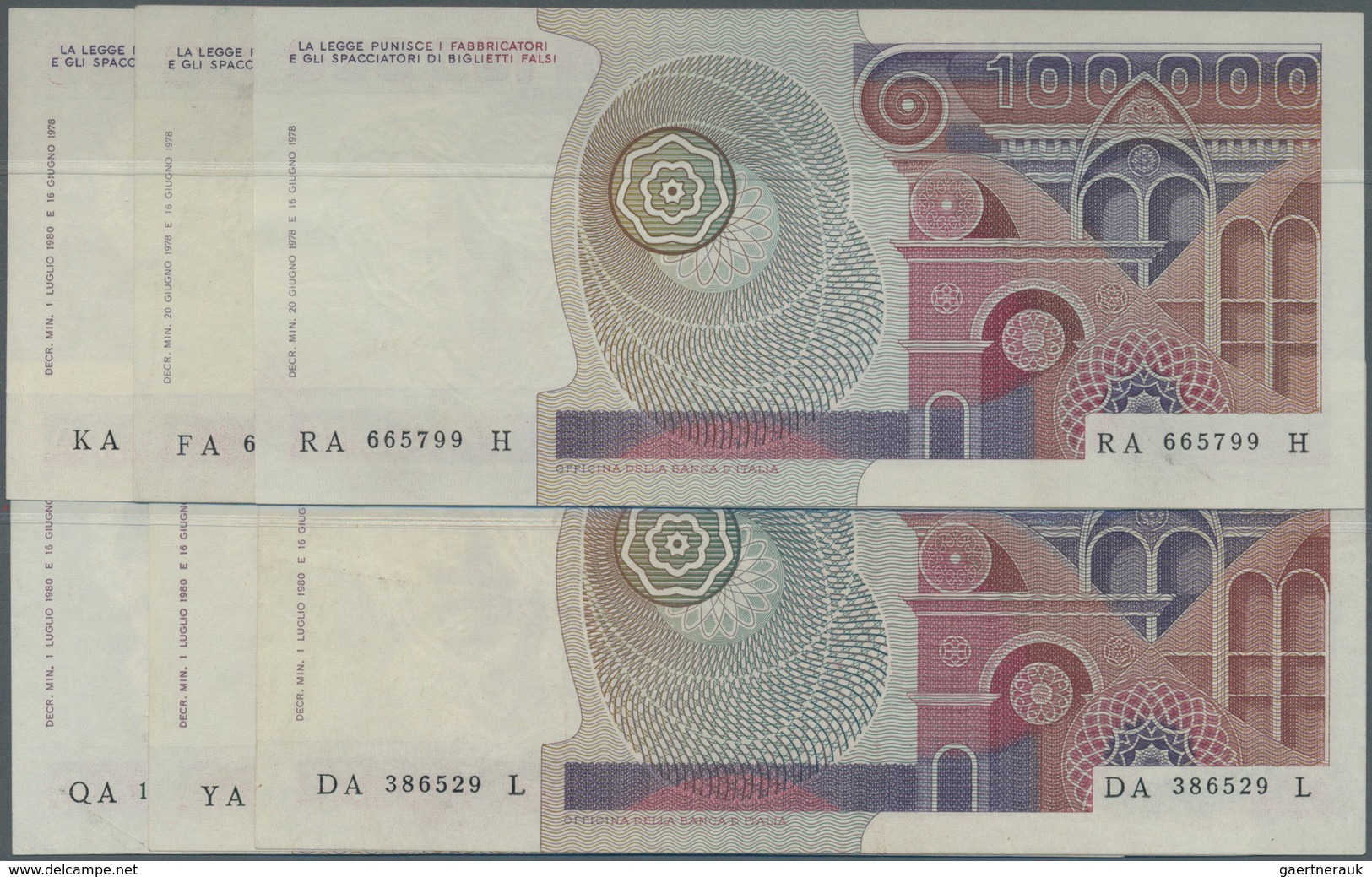 Italy / Italien: Set Of 6 Notes 100.000 Lire 1978-82 P. 108, All Notes In Similar Condition, With On - Sonstige & Ohne Zuordnung