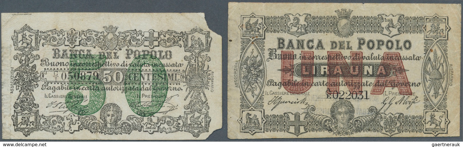 Italy / Italien: Set Of 2 Notes Banca Del Popolo 50 Centesimi And 1 Lira 1866-1871 P. G26, G27, The - Andere & Zonder Classificatie