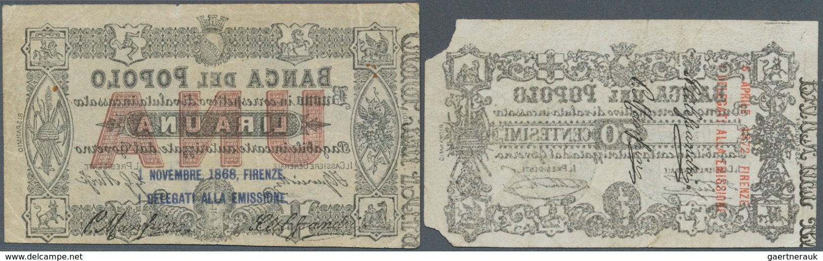 Italy / Italien: Set Of 2 Notes Banca Del Popolo 50 Centesimi And 1 Lira 1866-1871 P. G26, G27, The - Andere & Zonder Classificatie