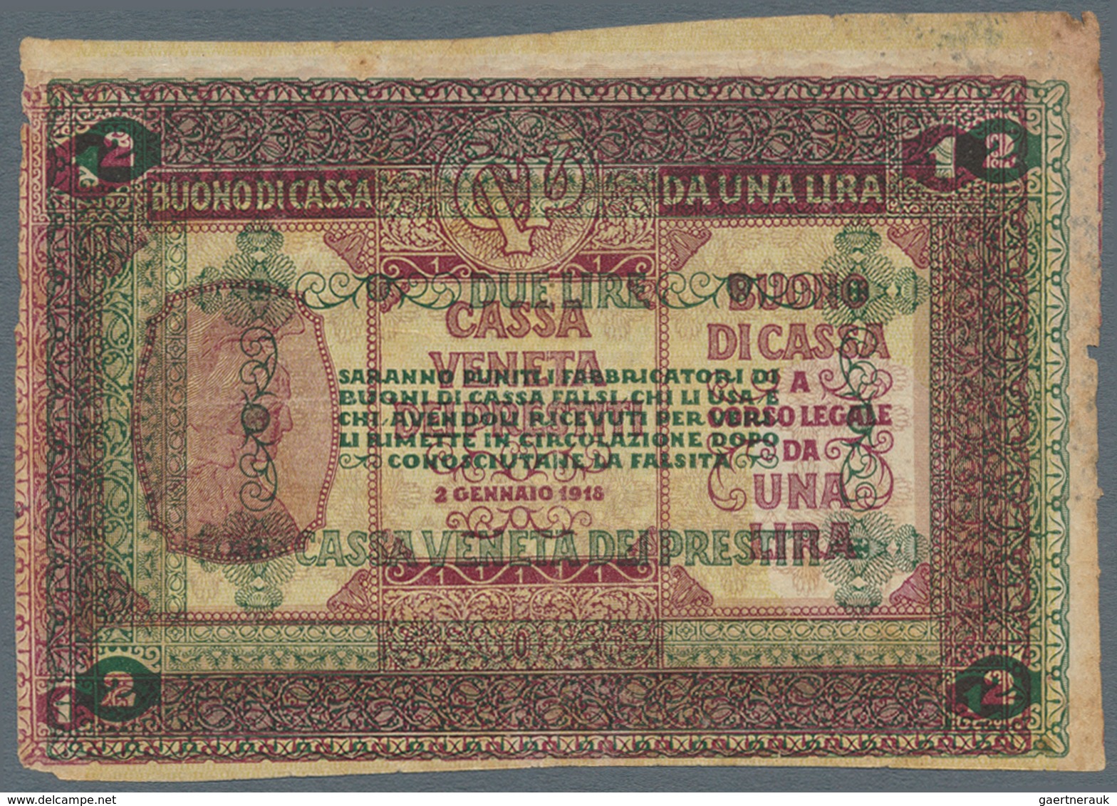 Italy / Italien: Cassa Veneta Dei Prestiti 2 Lire 1918, P.M5 Error With Misprint "1 Lira" (like P.M4 - Sonstige & Ohne Zuordnung