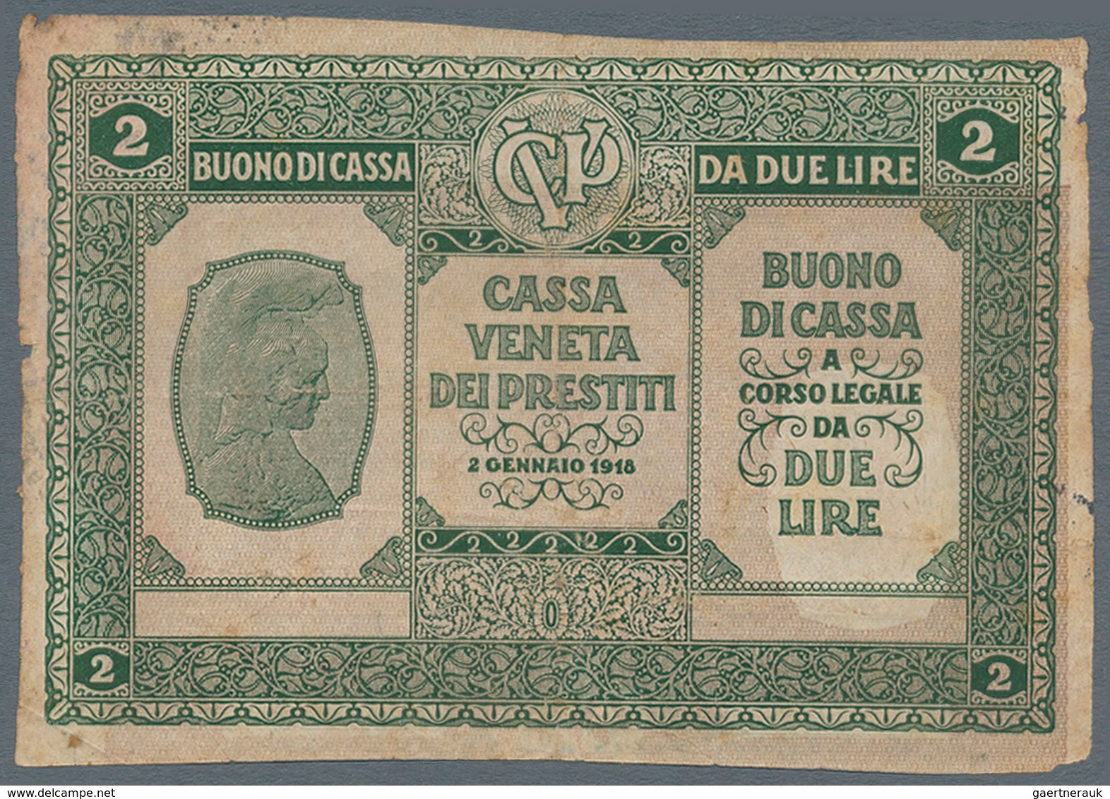 Italy / Italien: Cassa Veneta Dei Prestiti 2 Lire 1918, P.M5 Error With Misprint "1 Lira" (like P.M4 - Andere & Zonder Classificatie