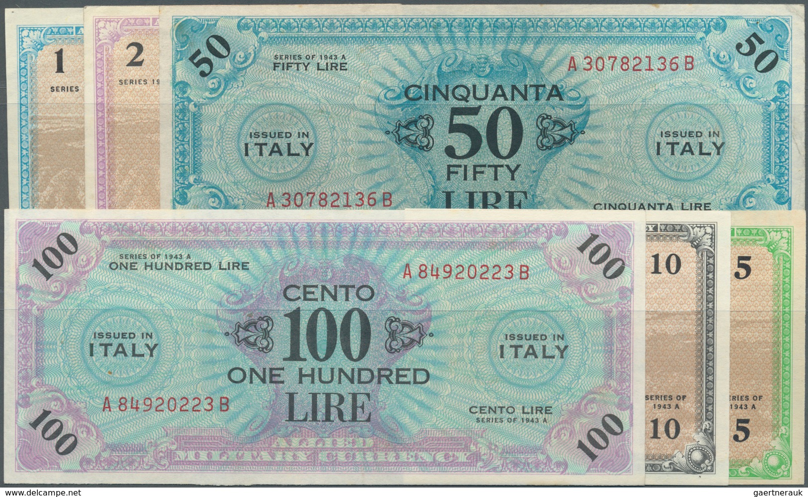 Italy / Italien: Set Of 6 Notes Allied Military Currency Italy Containing 1, 2, 5 10, 50 & 100 Lire - Sonstige & Ohne Zuordnung