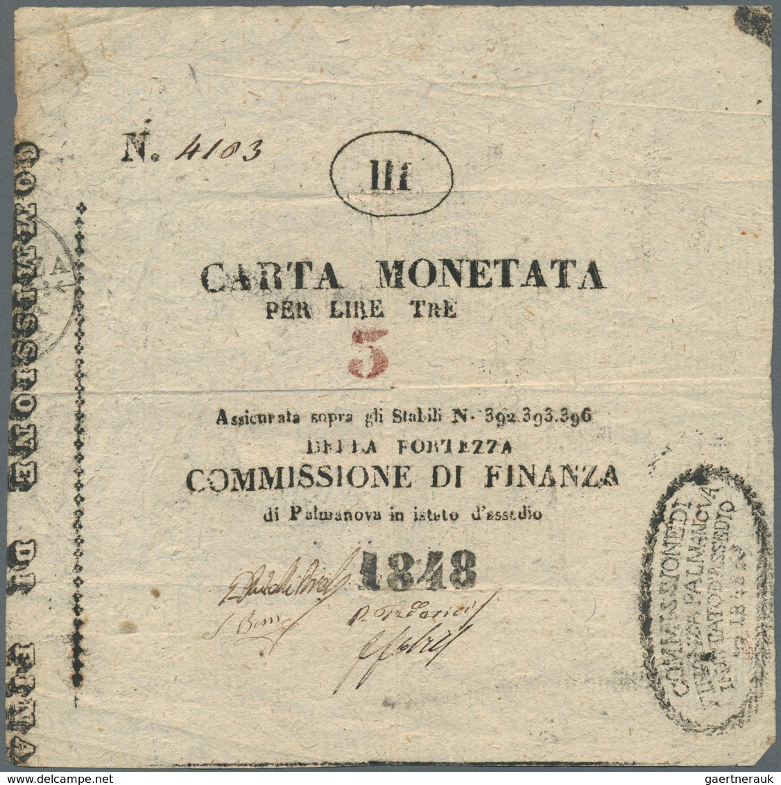 Italy / Italien: Carta Monetata PALMANOVA 1848 5 Lire P. S248, S/N 4103, Used With Vertical And Hori - Andere & Zonder Classificatie