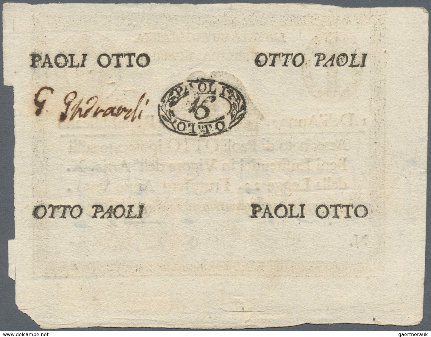 Italy / Italien: 8 Paoli 1798 P. S538, Unfolded With Strong Paper, As Always Borders Worn, No Holes - Andere & Zonder Classificatie